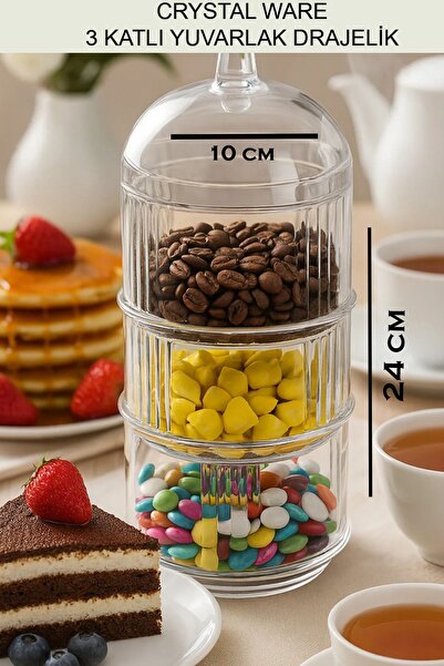 Crystal Ware 3 Katlı Yuvarlak Şeffaf Drajelik,Şekerlik, Sunumluk F133