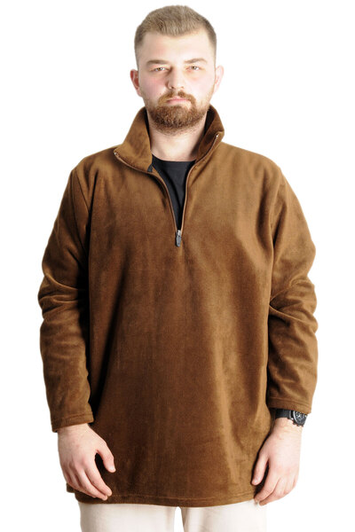 ModeXL Mode XL Ανδρικός ιδρώτας polo γιακάς με μισό φερμουάρ Polar 22548 καφέ