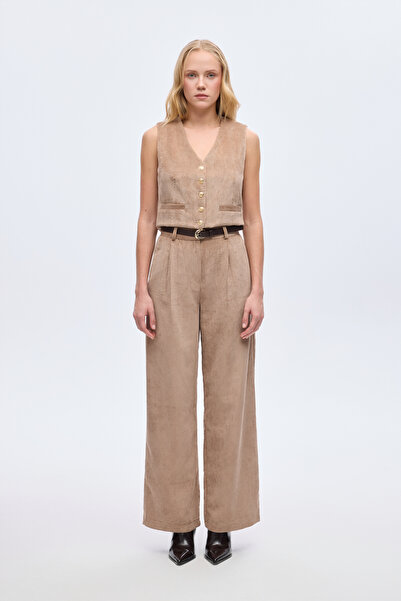Quzu Belted Corduroy Wide Leg Trousers Camel