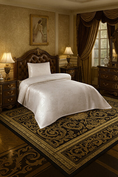 Çeyiz Bahçesi Brokar Krem Tek Kişilik Yatak Örtüsü