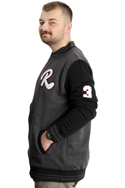 ModeXL Mode XL Large Size Men's College Coat Zippered Embroidered Jacket 23633 Anthracite