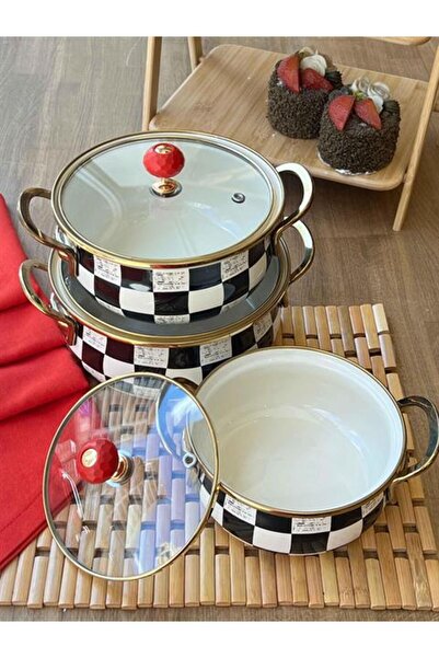 ROSSEV 3-Piece Checkerboard Enamel Pot Set