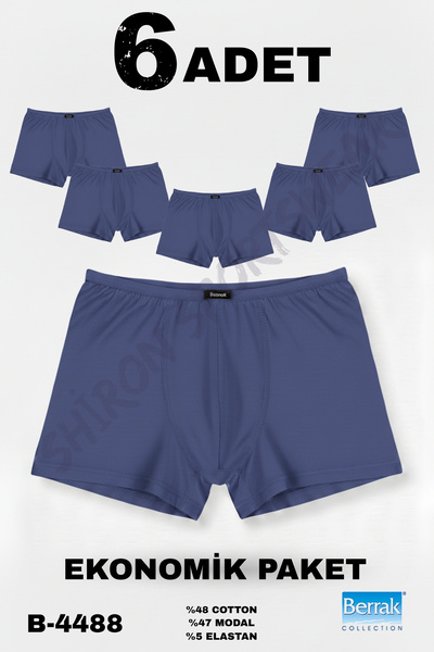 Shiron Sportswear&Company Men's 6-Pack Indigo Color Modal Fabric Thin Elastic Boxer Berrak 4488