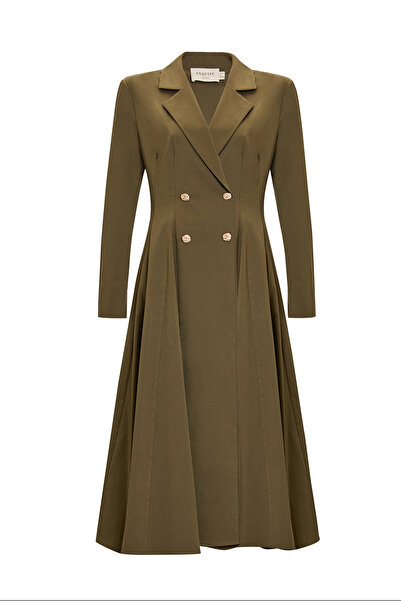 Exquise Double-Breasted Woven Midi Blazer Dress with Gold Button Detail