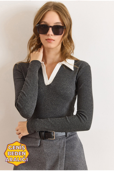 Olalook Women's Smoked White Color Block Polo Neck Cotton Stretchy Blouse Blz-19003104