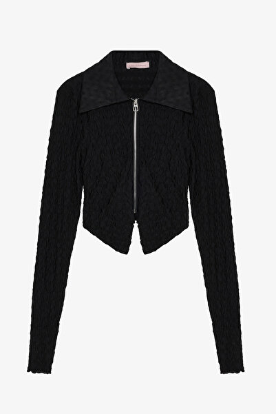 Quzu Seersucker Textured Zippered Crop Blouse Black