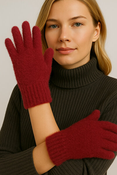 ZERAMİNE Plush Long Finger Women's Gloves Burgundy