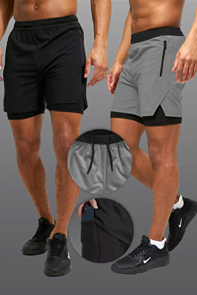 Man Of Man | 2 Li Paket Gym Ve Fitness Astarlı Taytlı Şort | Gizli Cep Detaylı