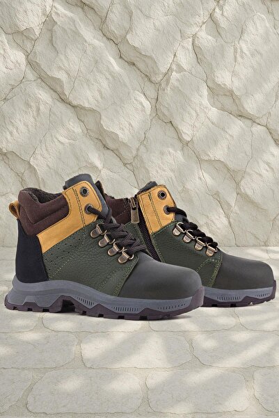 Rakerplus Genuine Leather Khaki Green Yellow Zippered Trekking Children's Boots