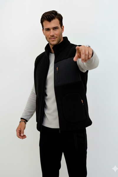 OXVİN Softshell Plush Vest Wool Lamb Welsoft Bone Zippered Pocket Detail (Full Size)