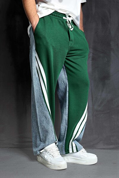 ablukaonline Πράσινο ανδρικό Duo Jean - με φαρδιά εφαρμογή και λεπτομέρεια ρίγες