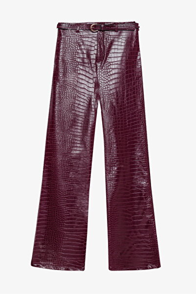 Quzu Crocodile Patterned Wide Leg Leather Trousers Plum