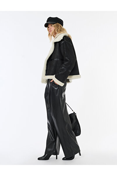 Koton Long Sleeve Pocketed Mock Neck Plush Lined Faux Suede Biker Jacket