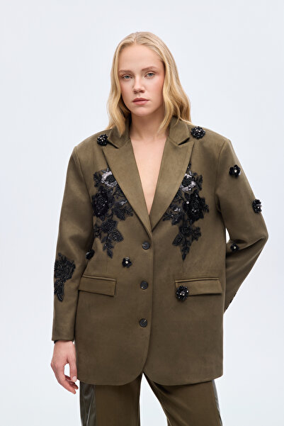 Quzu Lace Appliqued Suede Blazer Jacket Khaki