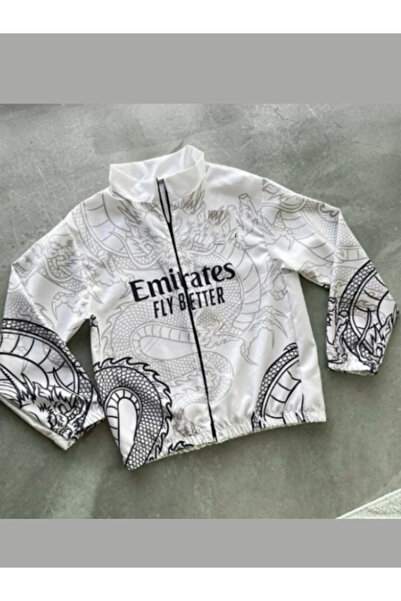 TRS YB GİYİM Unisex White Printed Zippered Raincoat & Windbreaker