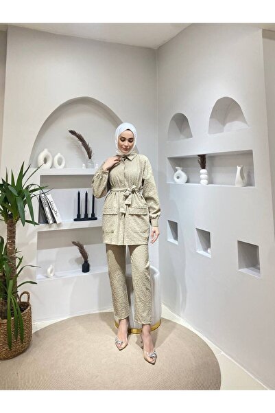 comstar Women's Jacquard Waist Belted Pocket Stone Bottom Top Set