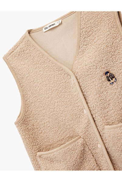 Koton Comfortable Fit Pocket Detail V-Neck Sleeveless Buttoned Embroidered Plush Vest