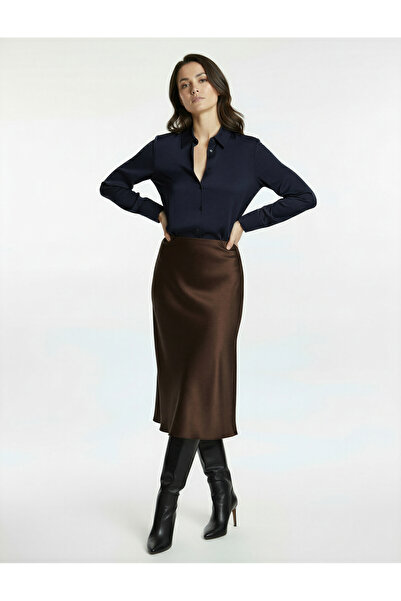 Koton X Melis Ağazat - Slim Fit Fish Cut Midi Length Satin Skirt
