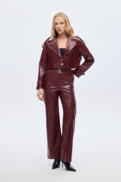 Quzu Crocodile Patterned Wide Leg Leather Trousers Plum