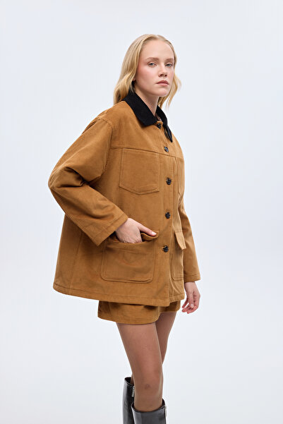 Quzu Contrast Collar Pocketed Oversized Velvet Jacket Brown