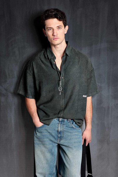 ablukaonline Men's Short Sleeve Pattern Printed Washed Oversize Shirt Khaki