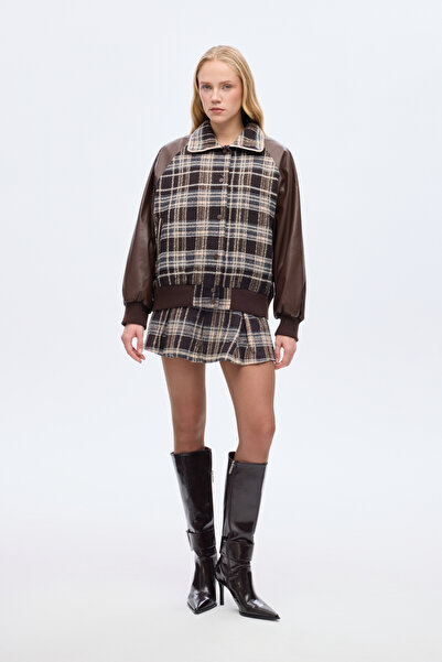 Quzu Leather Paneled Plaid Oversized Bomber Jacket Brown