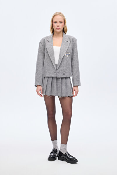 Quzu Πλεκτά συνδυασμός υφασμάτων Μπλέιζερ Ψαροκόκαλο Γκρι