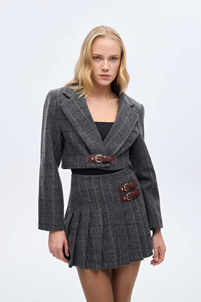 Quzu Herringbone Belt Buckle Crop Blazer Jacket Anthracite