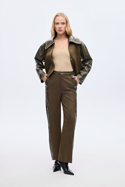 Quzu Leather Paneled Wide Leg Suede Trousers Khaki