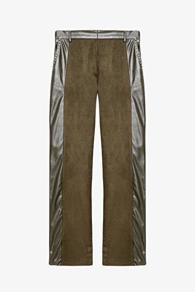 Quzu Leather Paneled Wide Leg Suede Trousers Khaki