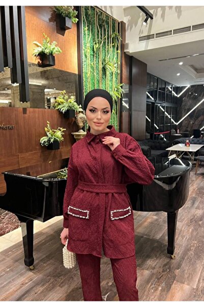 comstar Women's Jacquard Waist Belted Pocket Stone Bottom Top Set