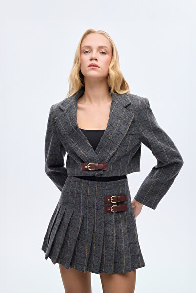 Quzu Herringbone Belt Buckle Crop Blazer Jacket Anthracite