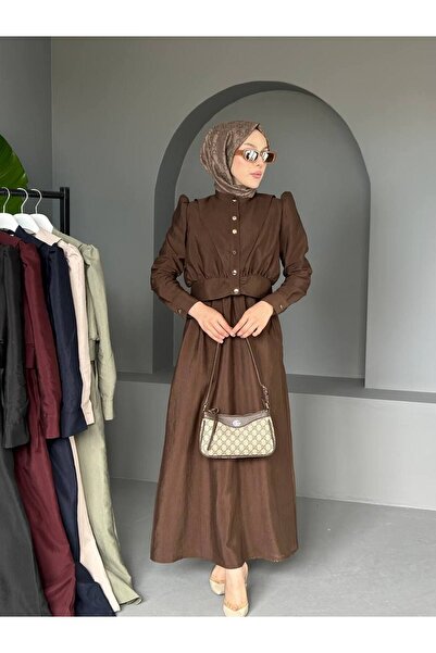 comstar Women's Gathered Balloon Sleeve Button Long Dress