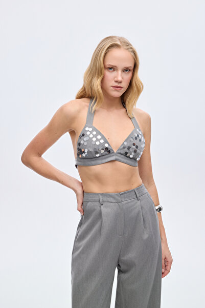 Quzu Μπλούζα με παγιέτες κεντημένη γκρι