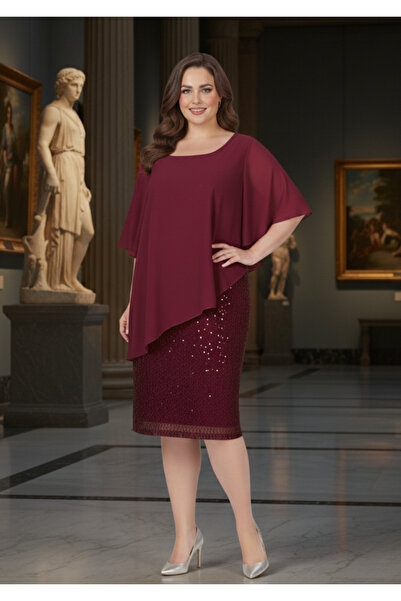 LİLAS XXL Büyük Beden Bordo Renkli Dantel Abiye Elbise