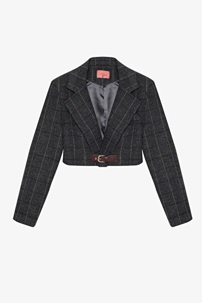 Quzu Herringbone Belt Buckle Crop Blazer Jacket Anthracite