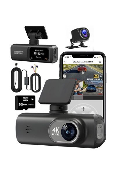 QOVU Camera de Bord DVR 4K Fata 1080P Spate, Card 32GB si Kit parcare incluse, Wifi & GPS