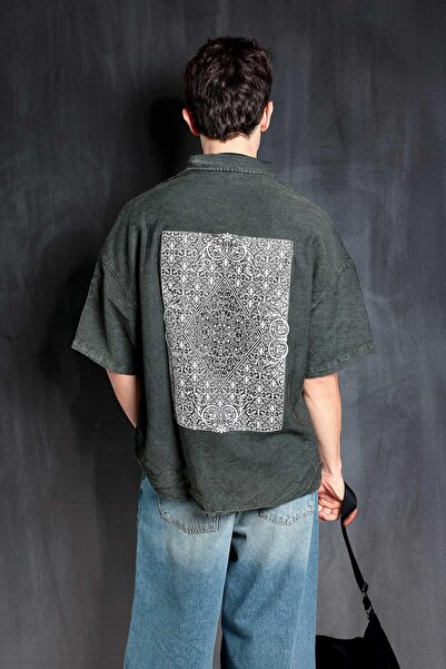 ablukaonline Men's Short Sleeve Pattern Printed Washed Oversize Shirt Khaki