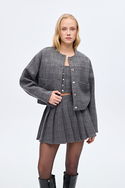 Quzu Round Neck Pocket Tweed Jacket Anthracite