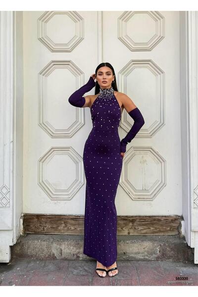 Modafeminen Βραδινό φόρεμα με μακρυμάνικο υφασμάτινο κρεπ με λεπτομέρεια από πέτρα και πέρλες 583330 ΜΩΒ