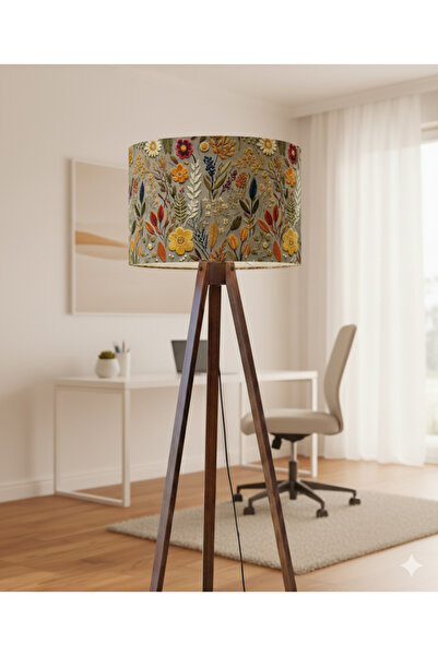 Genel Markalar El Yapımı Sonbahar Çiçekleri Desenli Kumaş Tripod Ayaklı Lambader