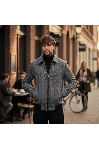 Frappoli Batista Men's Anthracite Short Cashmere Coat with Zipper and Ribbed-Elasticated Hem