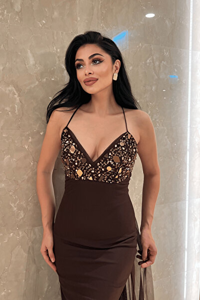 giyimmasalı Βραδινό φόρεμα από ύφασμα τούλι με λεπτομέρεια από πέτρα και κορδόνι στην πλάτη - ΚΑΦΕ