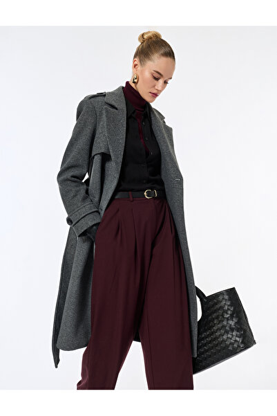 Koton Trench Coat cu buzunare cu broderie cu centură cu două rânduri de nasturi cu mânecă lungă