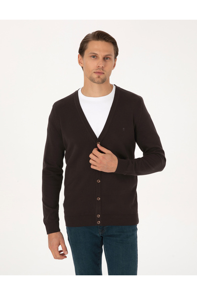 Pierre Cardin Dark Brown Slim Fit Basic Buttoned Knitwear Cardigan 50317330-V...