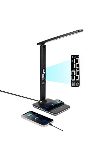 OEM Lampă de birou LED cu afișaj ceas, termometru, calendar și încărcare wireless pentru telefon, neagră