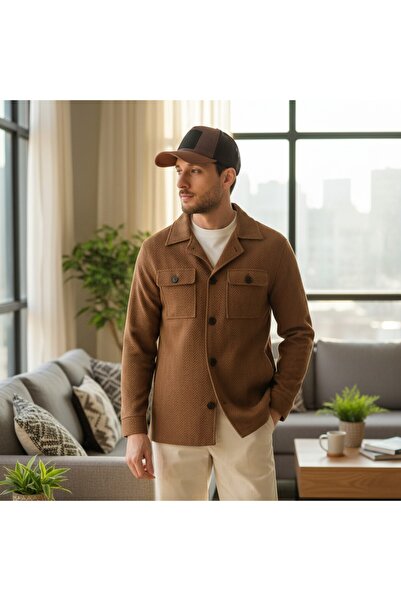 Frappoli Lores Erkek Hardal Overshirt Esneyen Desenli Kumaş Baharlık Trenç Ce...