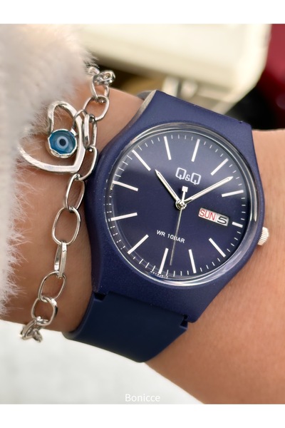 Q&Q Navy Blue Color, Silicone Strap, Calendar Men's/Women's Sports Wristwatch