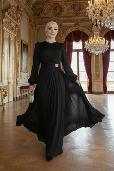 Neva Style Drape Detailed Black Hijab Evening Dress 50581S