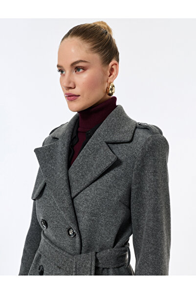 Koton Trench Coat cu buzunare cu broderie cu centură cu două rânduri de nasturi cu mânecă lungă